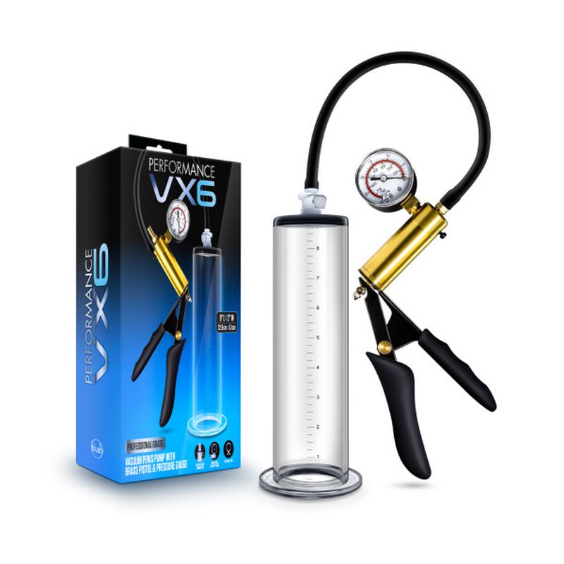 Performance VX6 Brass Pistol Penis Pump with Gauge, 9" x 2" (22.9cm x 5.1cm), Clear