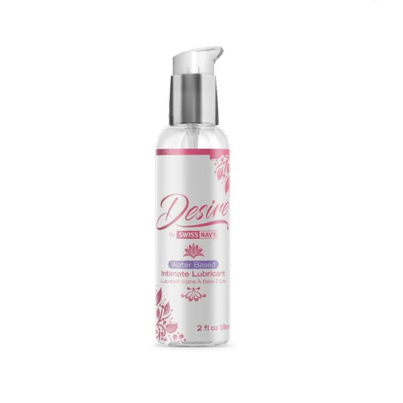 Pump bottle. Desire by Swiss Navy. Water-based intimate lubricant. 2fl, 59ml