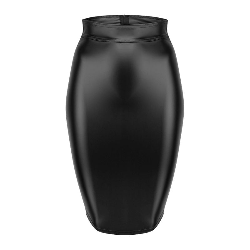 Noir Power Wetlook Pencil Skirt with Long Zipper, Black, S-3X