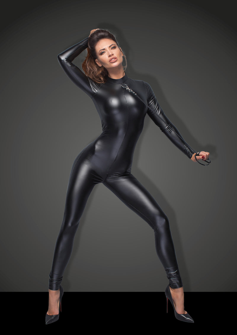 Power Wetlook Overall With Leash And 2 Way Zipper, Black, S/M/L