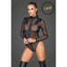 Noir Zipped Tulle Bodysuit w Embroidery. S/M/L, Black