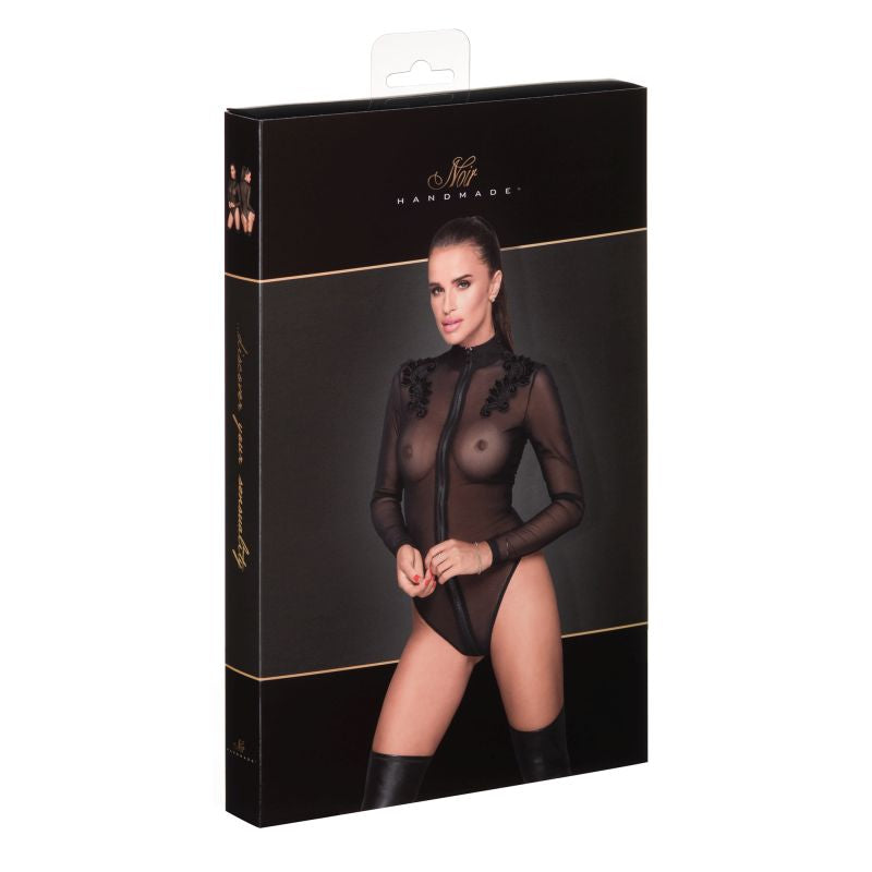 Noir Zipped Tulle Bodysuit w Embroidery. S/M/L, Black