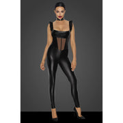 Noir Power Wetlook Overall with Tulle Panel, Black, S/M/L