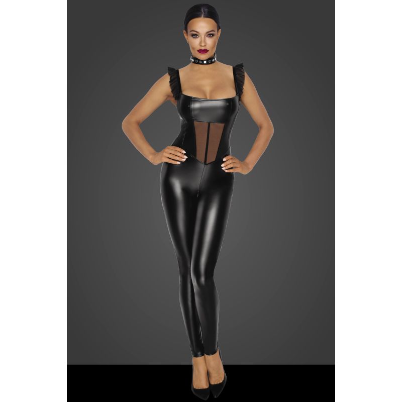 Noir Power Wetlook Overall with Tulle Panel, Black, S/M/L