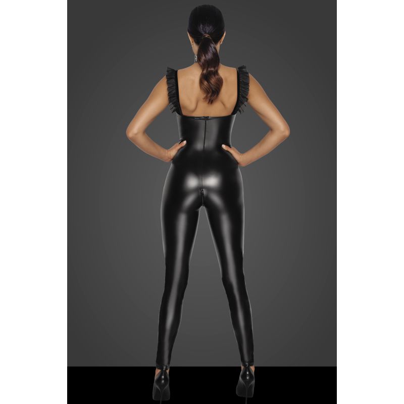 Noir Power Wetlook Overall with Tulle Panel, Black, S/M/L