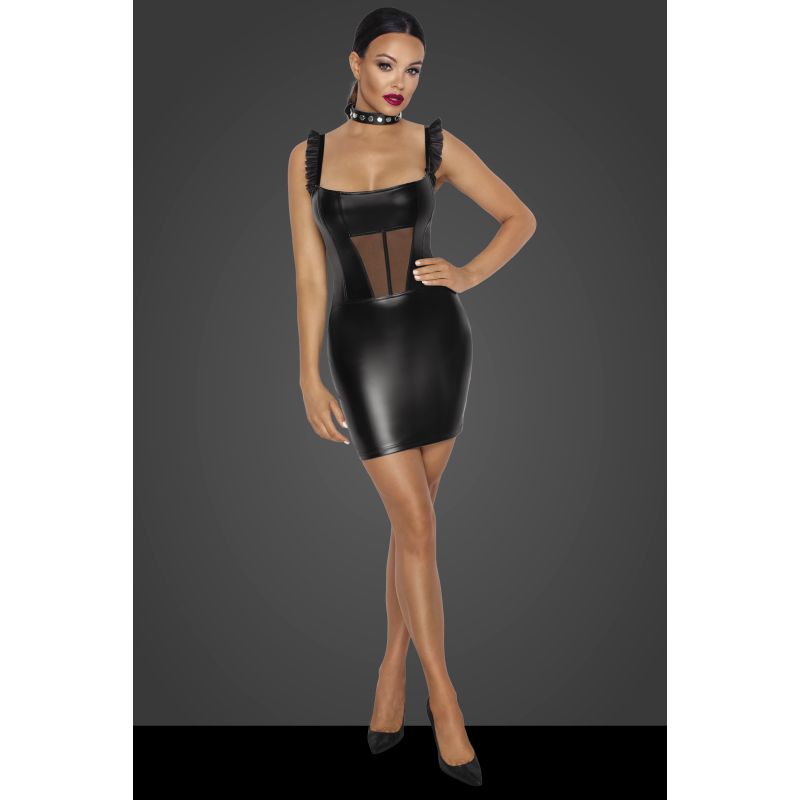 Noir Power Wetlook Short Dress with Front Tulle Inserts, Black, S/M/L