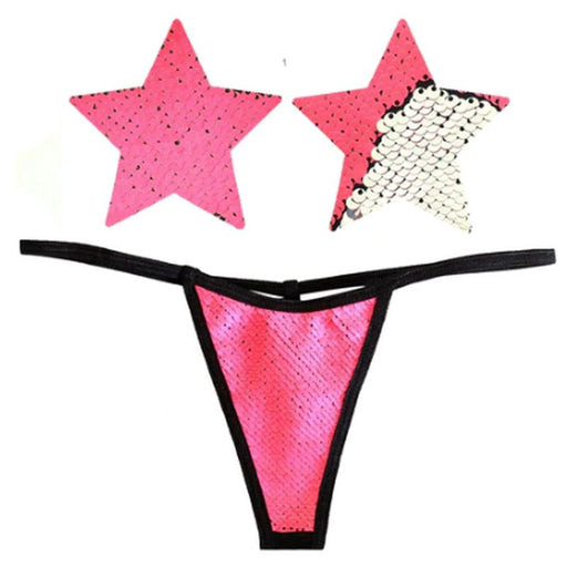Neva Nude Bitchin Neon Pink and Silver Blacklight Sequin Pastie and Panty Set