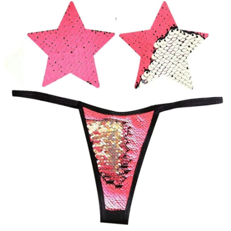 Neva Nude 'Bitchin Neon Pink and Silver Blacklight Sequin Pastie & Panty Set