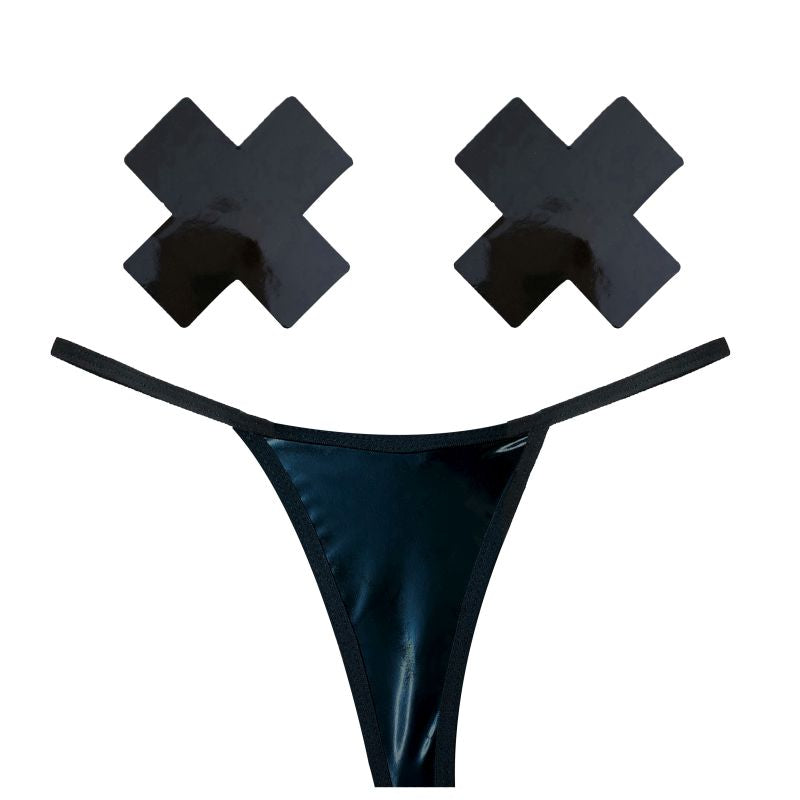 Neva Nude Dom Squad Wet Vinyl Pastie & G-String Set, Black, O/S