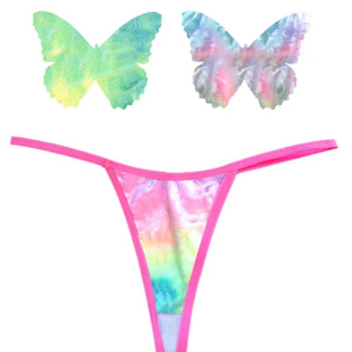 Neva Nude Rainbow Sherbet Tie Die Butterfly Pastie & Panty Set, Mixed