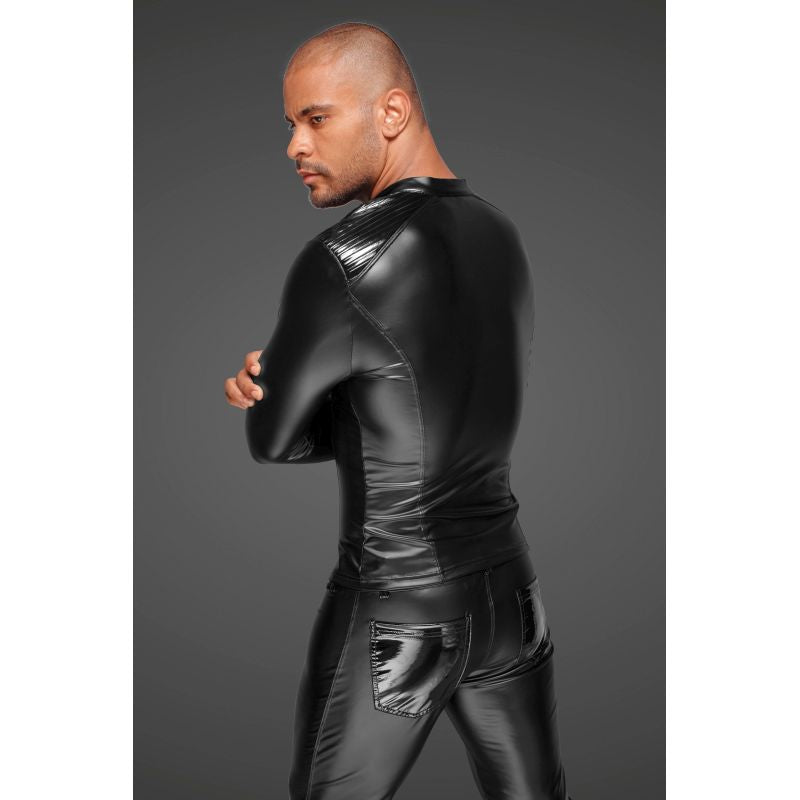 Noir Power Wetlook Mens Jacket w Pleated PVC Epaulets, Black, S/M/L