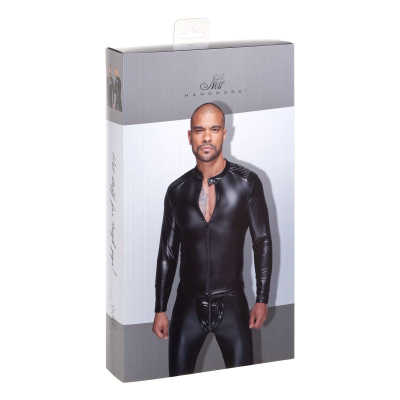 Noir Power Wetlook Mens Jacket w Pleated PVC Epaulets, Black, S/M/L