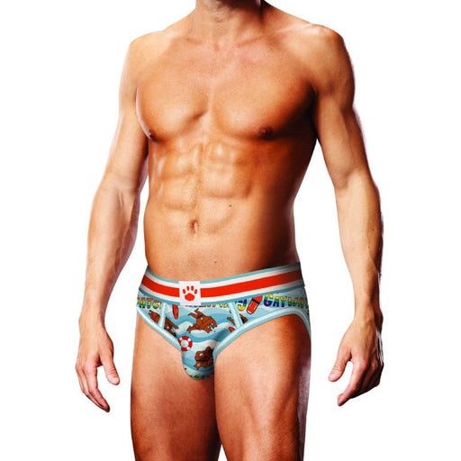 Front view of male model wearing Prowler Gaywatch Bears Open Back Brief Blue, Small