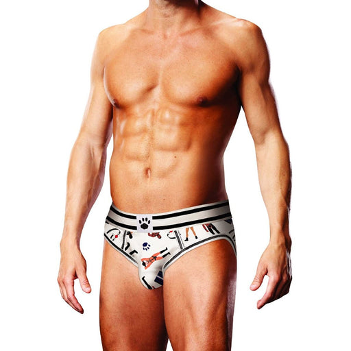 Front-on view of male model wearing Prowler Leather Pride Open Brief White, Small