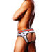 SIde/rear view of man wearing Prowler Puppie Print Open Brief Red, Small