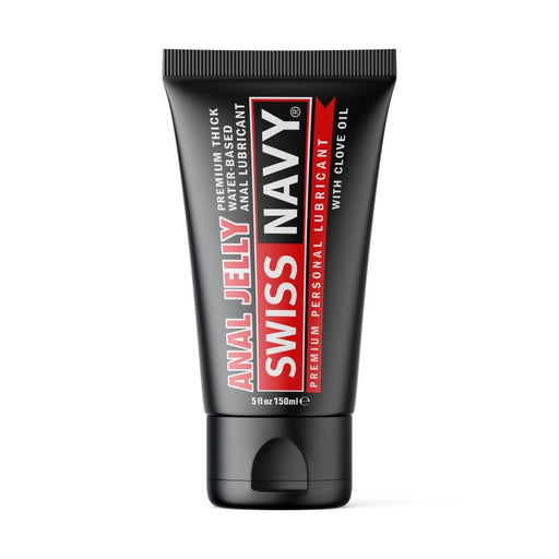 Flip cap tube. Black with red and white writing. Swiss Navy Anal Jelly Lubricant with Clove 150ml