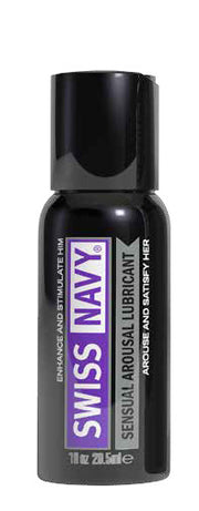 Black bottle with purple logo and white writing. Swiss Navy Arousal Gel Lubricant 29ml