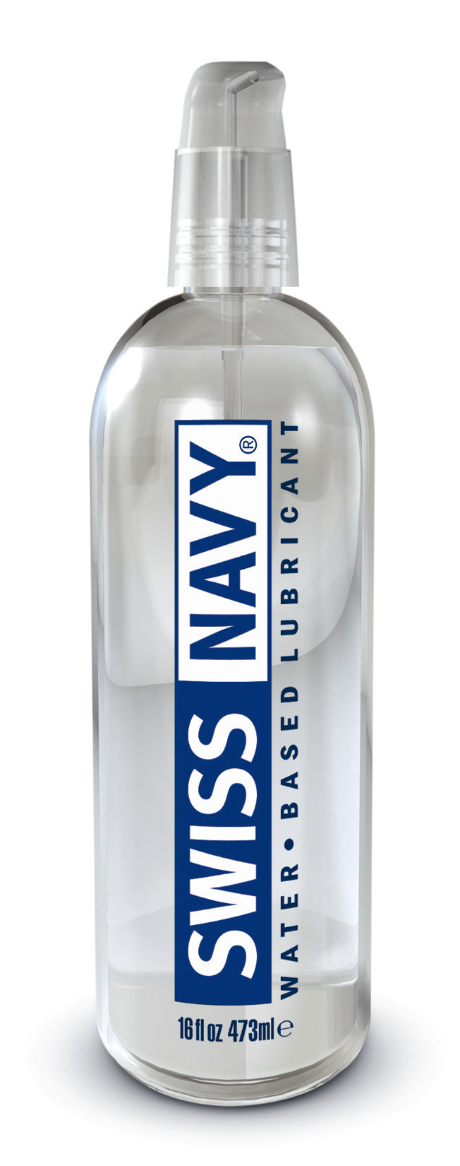 Clear bottle. Swiss Navy water-based lubricant. 473ml