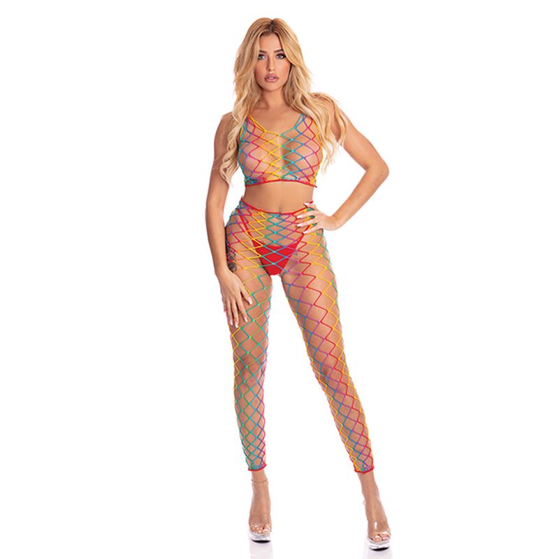 Rainbow 2 Pc Bodystocking O/S - Pink Lipstick