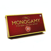 The product image shows a red and gold box of the Monogamy game, with the game's title and a heart symbol indicating its focus on intimacy and partnership.