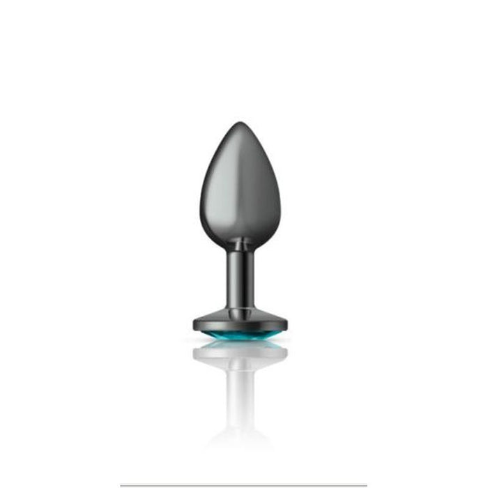 Cheeky Charms Gunmetal Round Butt Plug w Teal Jewel Small