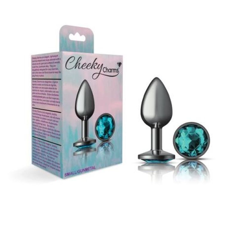 Cheeky Charms Butt Plug w Teal Jewel, Small, Gun Metal