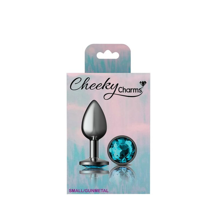 Cheeky Charms Butt Plug w Teal Jewel, Small, Gun Metal