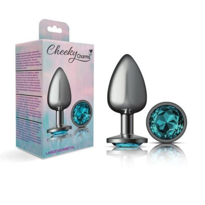 Cheeky Charms Gunmetal Round Butt Plug w Teal Jewel Large