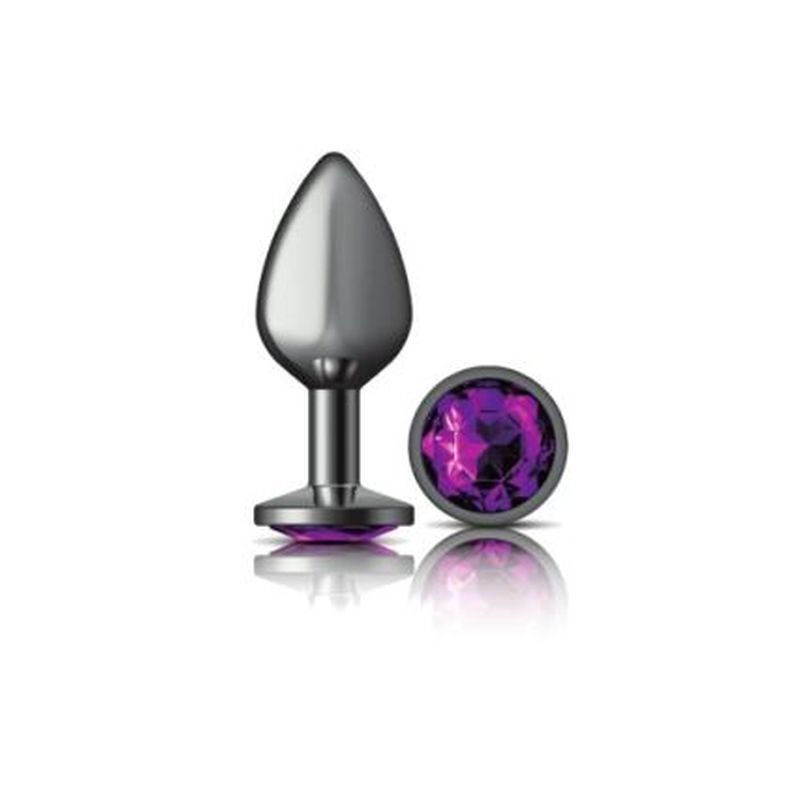 Cheeky Charms Gunmetal Round Butt Plug w Purple Jewel Medium