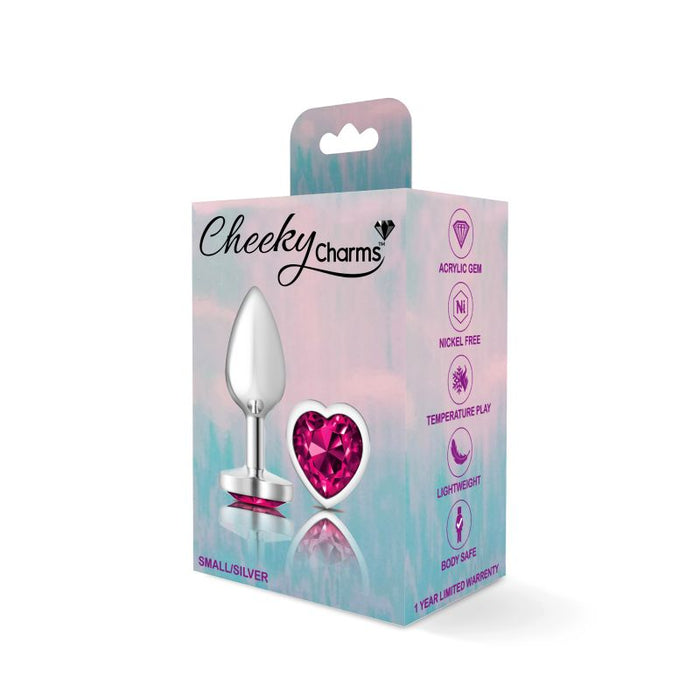 Cheeky Charms Silver Metal  Butt Plug w Heart Pink Jewel Small