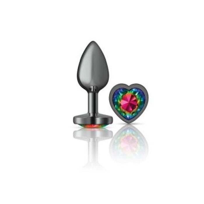 Cheeky Charms Gunmetal  Butt Plug w Heart Rainbow Jewel Small