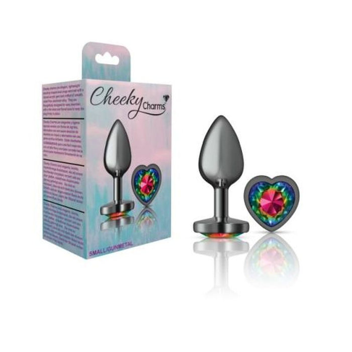 Cheeky Charms Gunmetal  Butt Plug w Heart Rainbow Jewel Small