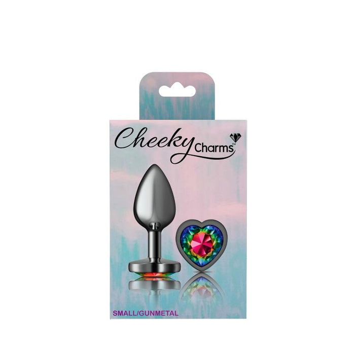 Cheeky Charms Gunmetal  Butt Plug w Heart Rainbow Jewel Small