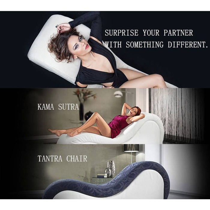 Three pictures - top 2 showing women in dresses reclining on chaise longue