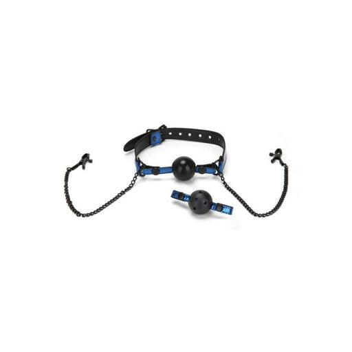 Whip Smart Diamond Ball Gag with Nipple Clips. Black leather with blue accents