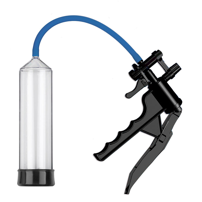 Picture of ProXtra penis pump. Clear cylinder with hand pump connected by a blue hose.